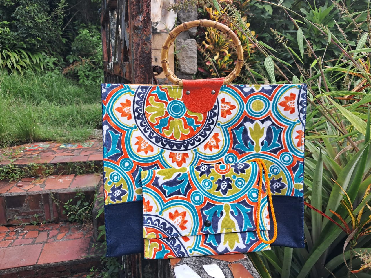 Tess - Orange Print & Denim Tote with Matching Clutch: $275.00